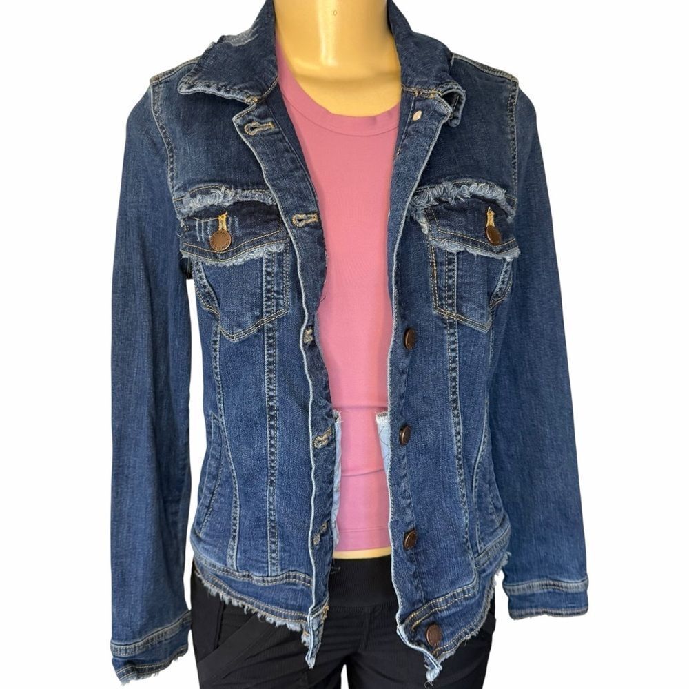 KARL LAGERFELD Raw Fringe Trim Vintage Vibes Denim Jean Jacket xs